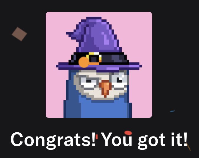 A pixelated owl wearing a purple witch hat appears on a pink background with confetti, accompanied by the text "Congrats! You got it!"—celebratory artwork marking a successful purchase of a Moonbirds NFT.