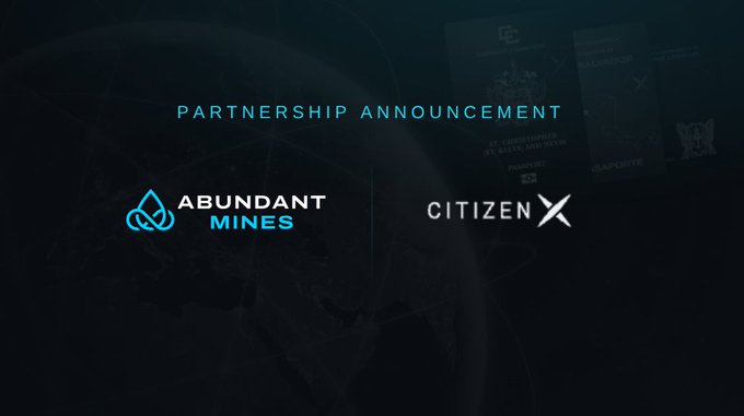 A dark partnership announcement slide displaying the logos for 'ABUNDANT MINES' and 'CITIZEN X' against a globe background.