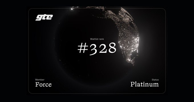 A dark, minimalist digital profile card with a globe graphic in the background, displaying the 'gte' logo, a 'Wallet rank' of '#328', and 'Member: Force', 'Status: Platinum'.