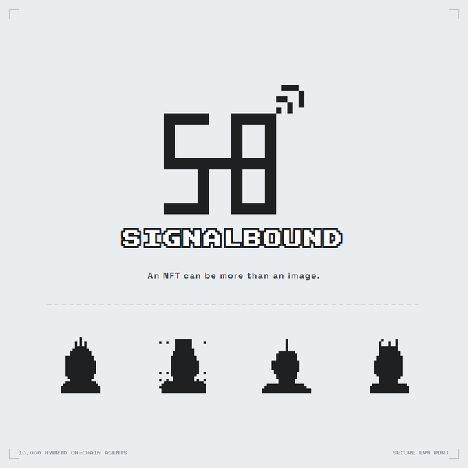A promotional graphic for 'SIGNALBOUND' NFT project with pixel-art robot logo, tagline 'An NFT can be more than an image,' featuring four robot character silhouettes and text noting '10,000 HYBRID ON-CHAIN AGENTS' and 'SECURE EVM PORT.'