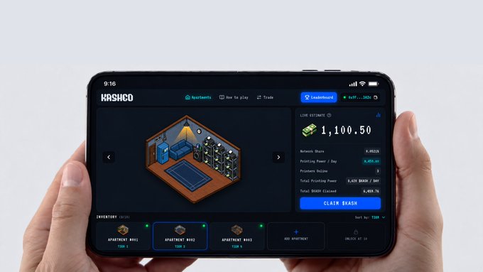 A person holding a smartphone displaying the 'KARSHCO' app, showing an isometric apartment room with stats including '1,100.50' live earnings and a 'CLAIM $KASH' button.