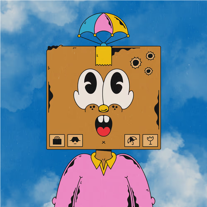 A surreal illustration of a cartoon character with a cardboard box for a head featuring large eyes, bullet holes, and a parachute on top, wearing a pink shirt against a blue cloudy sky.