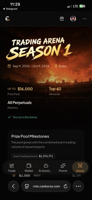 A screenshot of a mobile app showing the 'Trading Arena Season 1' competition with a $16,000 prize pool, running from Sep 9, 2026 – Oct 9, 2026, featuring All Perpetuals markets.
