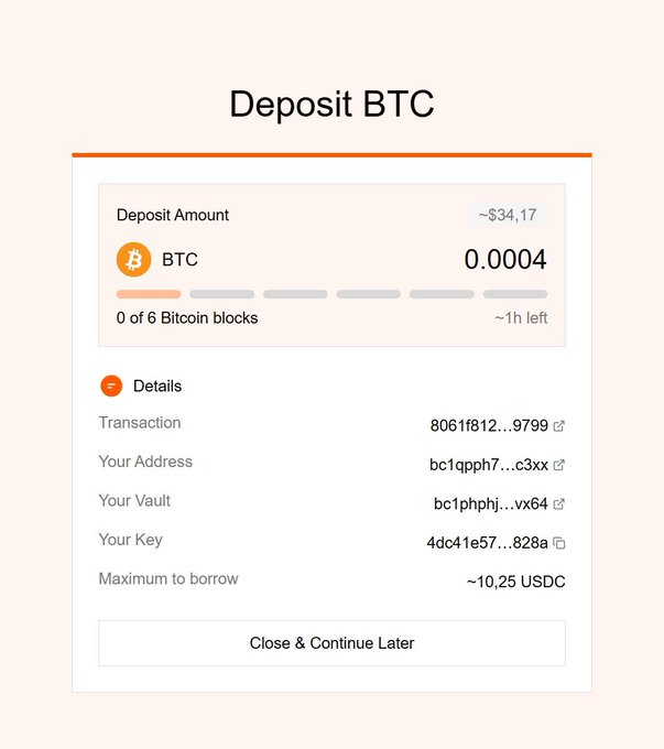 A "Deposit BTC" screen on Zest Protocol shows a completed deposit of 0.0004 BTC (~≈$34.17) with 0 of 6 Bitcoin blocks confirmed, alongside transaction details including the user's address, vault, key, and a maximum borrow amount of ≈≈10.25 USDC. The interface supports the post's praise of the platform's clean UI and clear visibility of the maximum USDC borrow amount after depositing BTC into a vault.