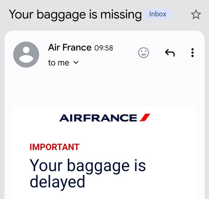 An email screenshot from Air France with the subject 'Your baggage is missing,' displaying a message that states 'IMPORTANT: Your baggage is delayed.'