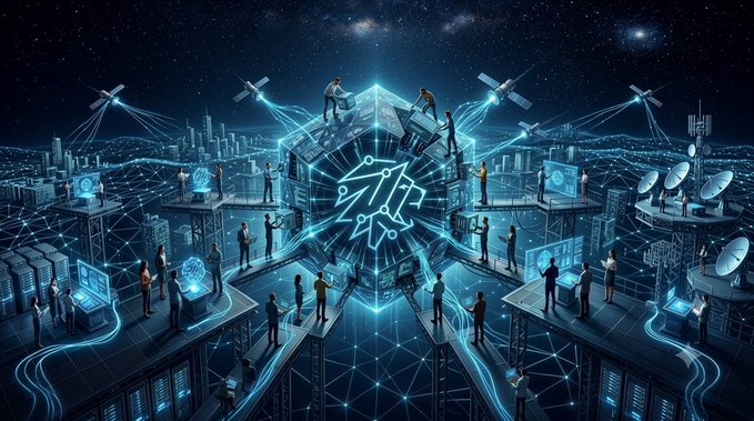 A futuristic digital illustration shows people standing on interconnected platforms and buildings around a glowing central AI icon, with satellites beaming connections down to the networked urban landscape.