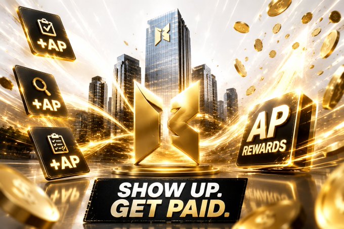 A promotional graphic features a golden 'K' logo surrounded by '+AP REWARDS' icons, floating gold coins, and a city skyline backdrop with the tagline 'SHOW UP. GET PAID.'
