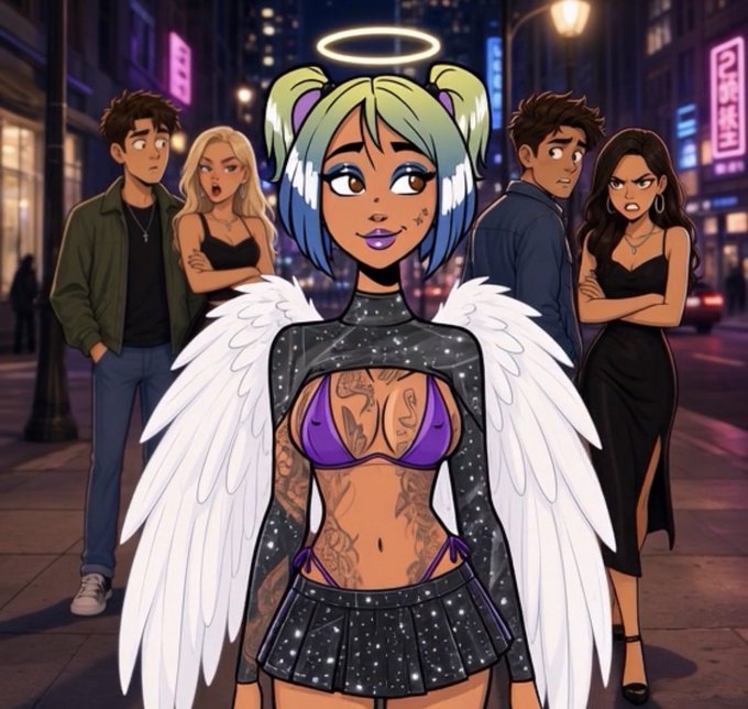 An anime-style illustration featuring a character with green hair, a halo, white wings, and a purple bikini top in the foreground, while two couples argue in the background on a neon-lit street.