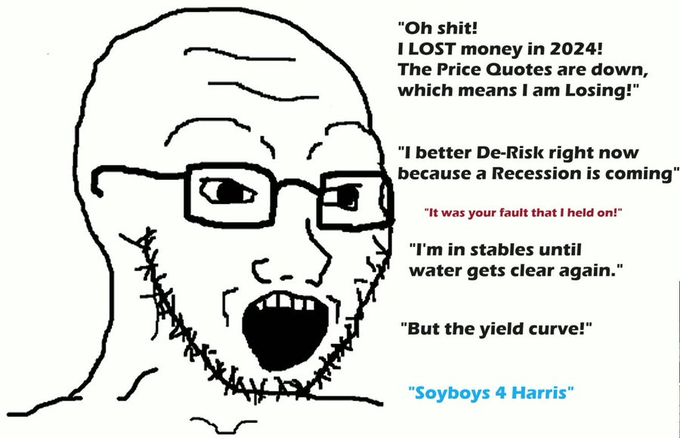 The image features a classic "Wojak" meme face (a bald man with glasses and stubble) with his mouth wide open in panic, surrounded by a list of panicked investment statements including "Oh shit! I LOST money in 2024! The Price Quotes are down," "I better De-Risk right now because a Recession is coming," and "I'm in stables until water gets clear again." The accompanying post explains that the meme captures the August 2024 crypto market panic, when Bitcoin dropped to $50K due to the Japanese Yen carry trade unwind, triggering widespread fear of recession and a yield curve inversion that drove investors to flee into stablecoins.