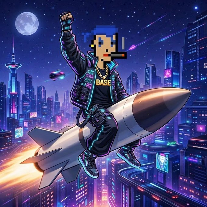 A digital artwork depicts a pixelated character wearing a "BASE" t-shirt riding a rocket through a cyberpunk city skyline at night.