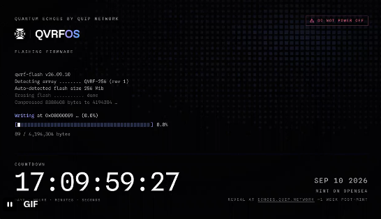 A retro-styled computer interface from 'QVRFOS' showing 'QUANTUM ECHOES BY QLIP REWORK' with a flashing firmware countdown timer reading '17:09:59:27' and a progress bar at 6.8%, dated SEP 10 2026.