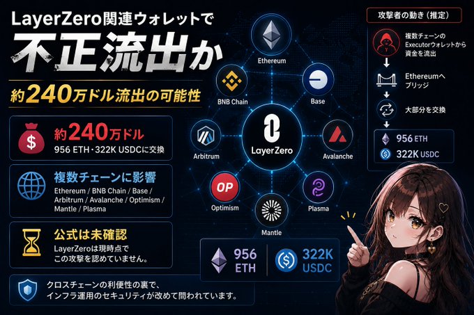 A Japanese-language infographic detailing an alleged $2.4 million (956 ETH, 322K USDC) exploit from a LayerZero-related wallet across multiple chains including Ethereum, BNB Chain, and Base, featuring a network diagram and an anime-style character pointing at the details.