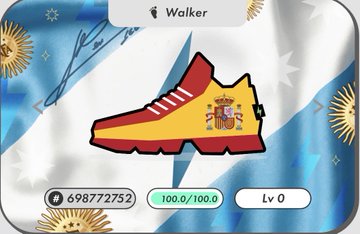 A digital collectible featuring a sneaker with the Spanish flag design labeled 'Walker' with an ID of 698772732, set against a sun-patterned background.