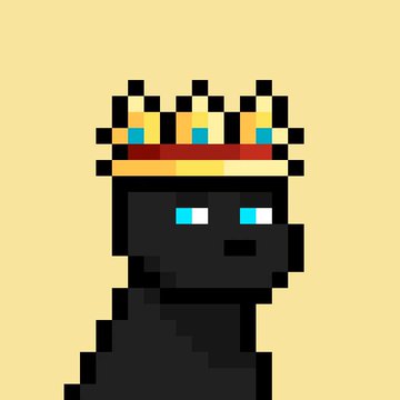 A pixel art illustration of a dark-skinned character wearing a gold crown adorned with blue jewels, featuring bright blue eyes against a beige background.