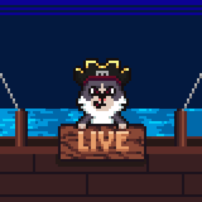 A pixel-art illustration shows an anthropomorphic dog/dolphin character wearing a pirate hat, standing behind a wooden "LIVE" sign on a ship at night, matching the "MINT IS LIVE" announcement for the Bear Brokers project.