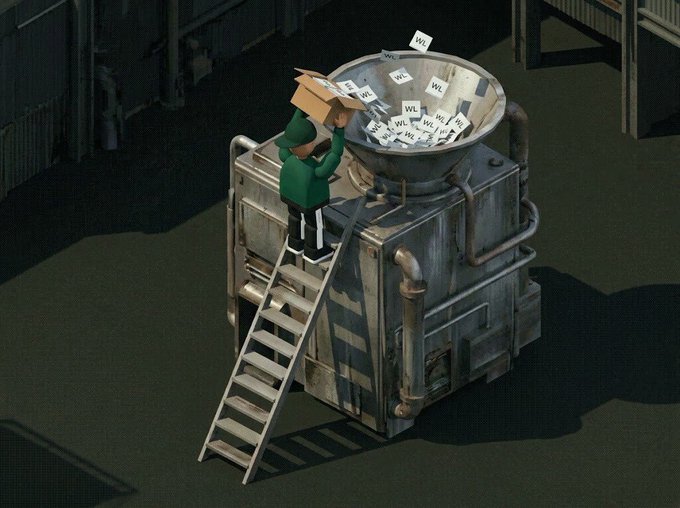 A 3D-rendered scene showing a person in a green hoodie and brown box on their head climbing a metal staircase to pour papers labeled 'WL' (Wanted List) into a large industrial funnel/machine.