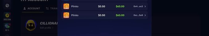 A dark-themed account screen showing transactions for Plinko games with amounts of $0.50 and $65.00, alongside an "Ave Wallet Pro" wallet interface for a user named CILLIONA1.