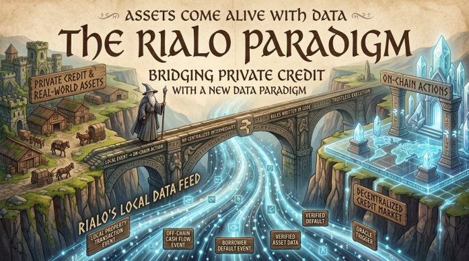 A fantasy-themed illustrated infographic titled 'The RIALO PARADIGM' depicting a bridge connecting 'Private Credit & Real-World Assets' to 'On-Chain Actions', showcasing decentralized credit markets and data flow.