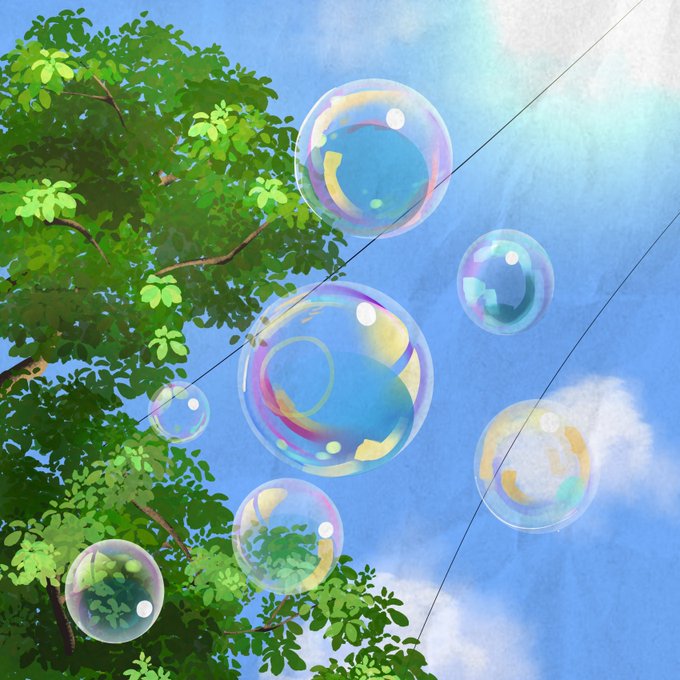 An illustrated scene of translucent, iridescent soap bubbles floating through the air near a leafy green tree branch under a sunny blue sky.