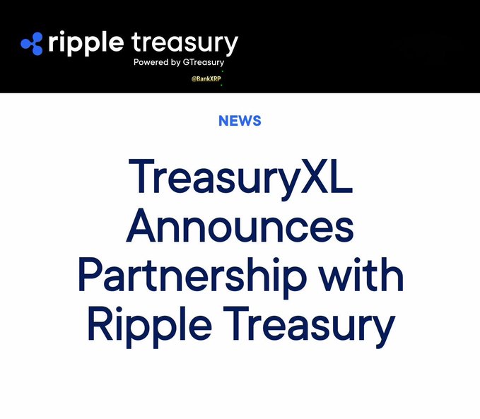 The image features a white background with black text that reads "Traditional Finance Digital Assets @Ripple Treasury and @treasuryXL are joining forces to redefine corporate treasurys". The text is arranged in a way that makes it easy for viewers to understand what the post is about, as well as how it relates to the content of the image.