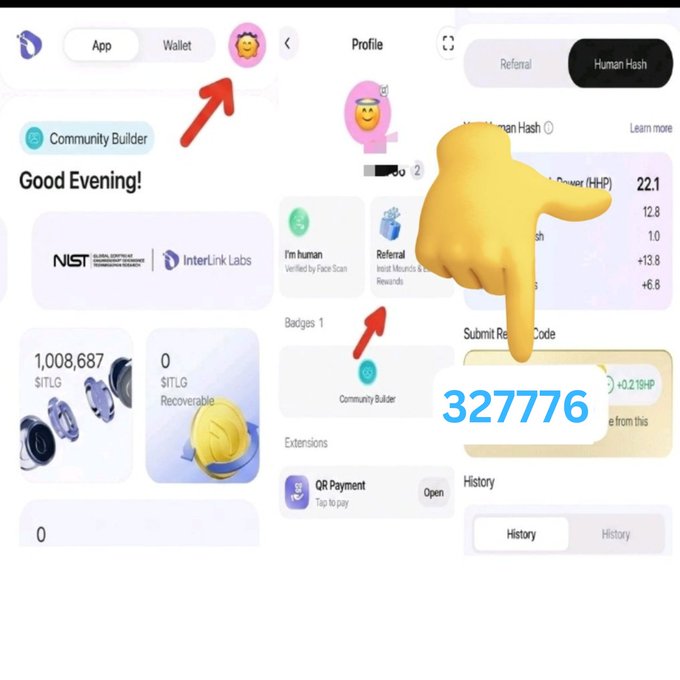 A screenshot of a digital app interface showing 'Good Evening!' with a 'Community Builder' badge, a 'Human Hash' section, and a 'Referral Code' field, with a yellow hand cursor pointing to the code '327776'.