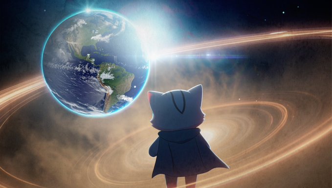 A small anime-style character with cat ears and a dark cloak stands gazing at Earth from the edge of a glowing cosmic ring, evoking a sense of wonder and global perspective. The imagery visually reinforces the theme of "global adoption," positioning the character as a symbolic face watching over or reaching out to the entire world.