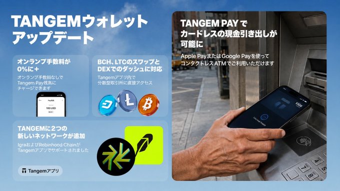 A promotional graphic for the Tangem Wallet update (version 6.2) highlights new features including zero online transaction fees with Tangem Pay, support for BCH, LTC, and DEX transactions on Tron, and integration with Apple Pay or Google Pay for cardless cash withdrawals at contactless ATMs. The image showcases a hand using a smartphone at an ATM, alongside icons representing Bitcoin Cash, Litecoin, Tron, and Robinhood Chain integration.