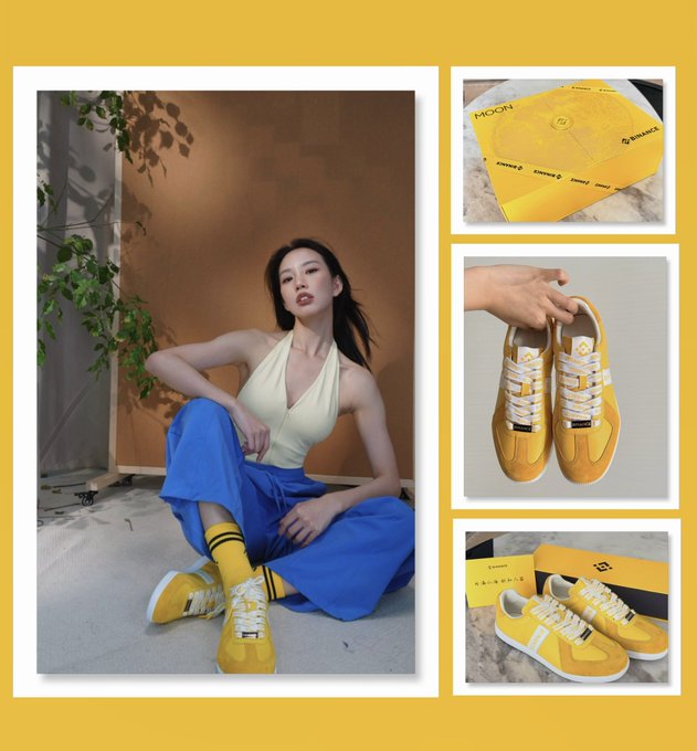 The image shows a woman sitting in a studio wearing a yellow halter top, blue wide-leg pants, and yellow "MOON" branded sneakers with striped socks, alongside product shots of the same yellow sneakers and branded boxes. The image directly relates to the post by promoting the "Binance Huang Dexun Shoes" limited edition sneaker collaboration, tagged with @binancezh, @heyibinance, and @cz_binance, while celebrating the Mid-Autumn Festival in 2026 Fall/Winter style.