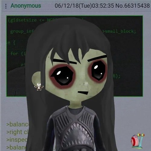 The image features a cartoon girl with long black hair wearing a black outfit, possibly a black dress or shirt. She has red eyes and a sad expression. The background of the image shows a computer screen displaying text that reads "Anonymous" followed by a green square containing the words "suimilios have known for a while $SUI is gay".