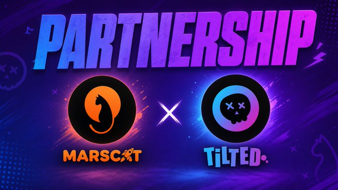 A bold purple-themed promotional graphic announces the "PARTNERSHIP" between MarsCat and Tilted, featuring their respective logos—a seahorse-marked orange "MARSCAT" emblem and an "X X" skull-marked "TILTED" icon—flanking a central "X" collaboration symbol. The vibrant design visually reinforces the post's message about the strategic collab uniting AI agents and creators in the Web3 economy.