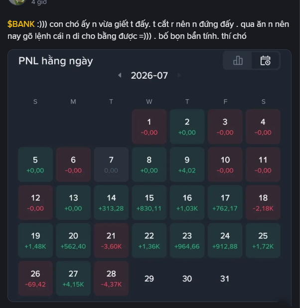 A financial dashboard showing daily PNL (profit and loss) calendar for July 2026 with various green and red figures, accompanied by Vietnamese text at the top.