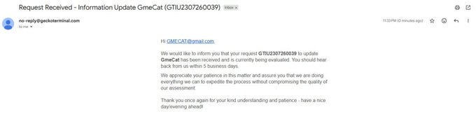 An email from no-reply@geckoterminal.com titled 'Request Received - Information Update GmeCat' confirming receipt of a token information update request.
