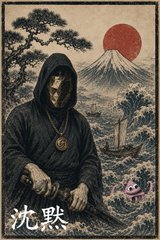 A traditional Japanese ukiyo-e style artwork showing a hooded figure wearing a gold necklace and chains, set against Mount Fuji with a red sun, with "沈黙" (Silence) written in the corner and a small Pepe the Frog figure.