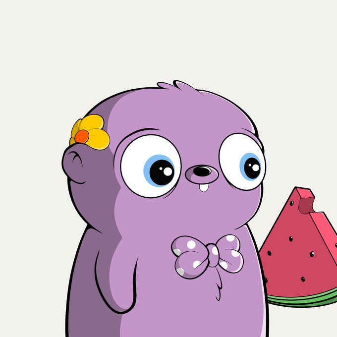A cute purple Fugz NFT character with a yellow flower behind its ear and a polka-dot bow tie holds a slice of watermelon, tying into the giveaway post's playful farming theme.