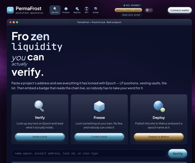 A screenshot of the PermaFrost website (proof-of-lock.epoch.sui) titled "Frozen liquidity you can actually verify," showing options to Verify, Freeze, and Deploy on Walrus, with SUI Mainnet active.