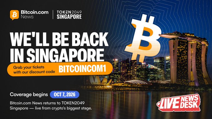 The image is a promotional graphic announcing Bitcoin.com News' return to TOKEN2049 Singapore (Oct 7-8, 2026) at Marina Bay Sands, featuring "WE'LL BE BACK IN SINGAPORE" text alongside the iconic Singapore skyline and Marina Bay Sands hotel, with a discount code "BITCOINCOM10" (corrected from the image's "BITCOINCOM1") for tickets and a "LIVE NEWS DESK" badge highlighting their live coverage plans.