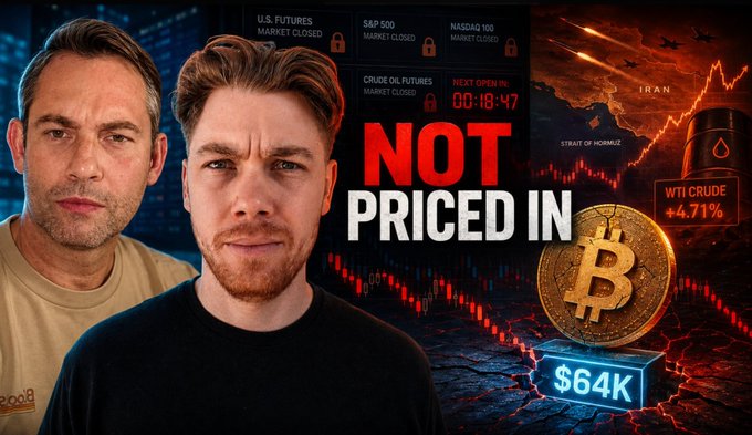 A YouTube thumbnail featuring two men alongside the text "NOT PRICED IN," with market indicators showing WTI crude up 4.71%, Bitcoin at $64K, and references to the Strait of Hormuz/Iran. The image does not appear directly related to the post, which promotes a Robinhood/NFT giveaway and "The God Pull" whitelist event at 7pm EST.