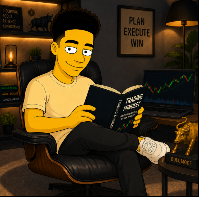 Cartoon-style illustration of a young man reading a 'Trading Mindset' book in a chair, with a 'PLAN EXECUTE WIN' poster and a 'BULL MODE' bull statue nearby.