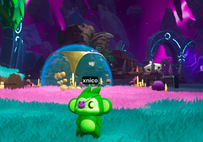 A green cartoon monkey character with the name "xnico" floats above a field of pink grass in a vibrant, purple-themed video game environment.