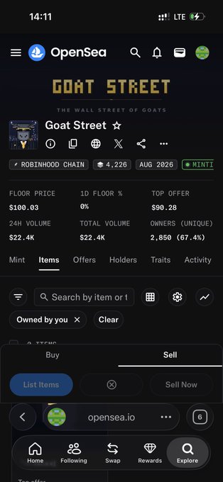 A screenshot of the OpenSea app showing the "Goat Street" NFT collection on Robinhood Chain, with a floor price of $100.03 and various icons.