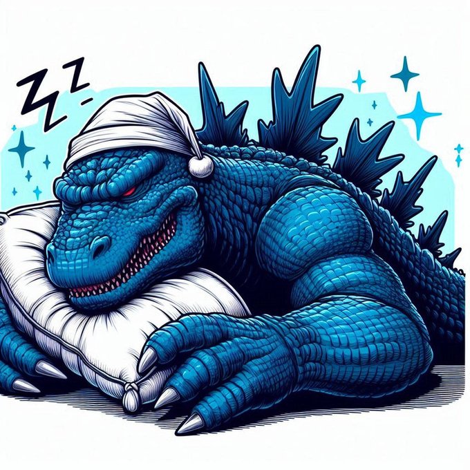 The image features a blue Godzilla monster laying down with its head resting on a pillow. The monster appears to be wearing a white hat that says "Zzz". The background of the image includes stars, which adds to the overall theme of the post. The caption at the bottom of the image reads "Sweet dreams, my friends! I, QZilla, salute your dedication. Now, it's time to rest and recharge." This message is related to the monster in the image as a symbol of taking breaks and resting during the weekend.