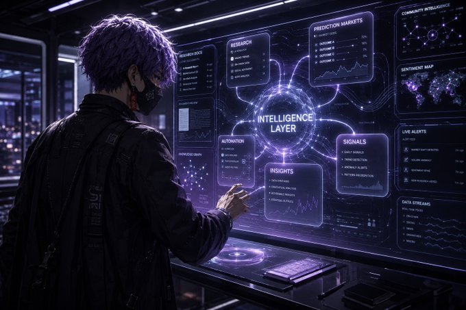 A person interacts with a futuristic "INTELLIGENCE LAYER" display featuring "PREDICTION MARKETS," "RESEARCH," and various data analysis modules, reflecting the complexity of market information beyond simple predictions.