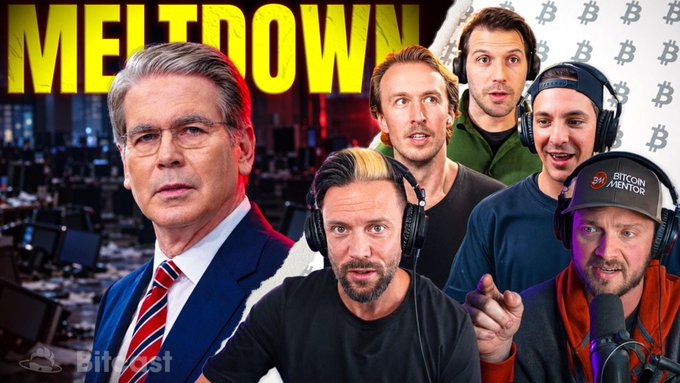 The image appears to be a YouTube thumbnail promoting a live stream titled "MELTDOWN" by BitCast, featuring hosts discussing economic concerns including a 5.27% yield spike and a sixth bank failure, with guests Joey Tweets, Walker America, and Brandon Gentile pictured alongside the bold "MELTDOWN" headline.