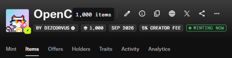 The image shows an OpenSea NFT collection page titled "OpenC" by Dizzcorvus, displaying "1,000 items" with a "MINTING NOW" label and a 5% creator fee, despite the creator noting that 2,000 items appear on OpenSea because 20% (200 NFTs) were allocated for Anvil AMM liquidity.