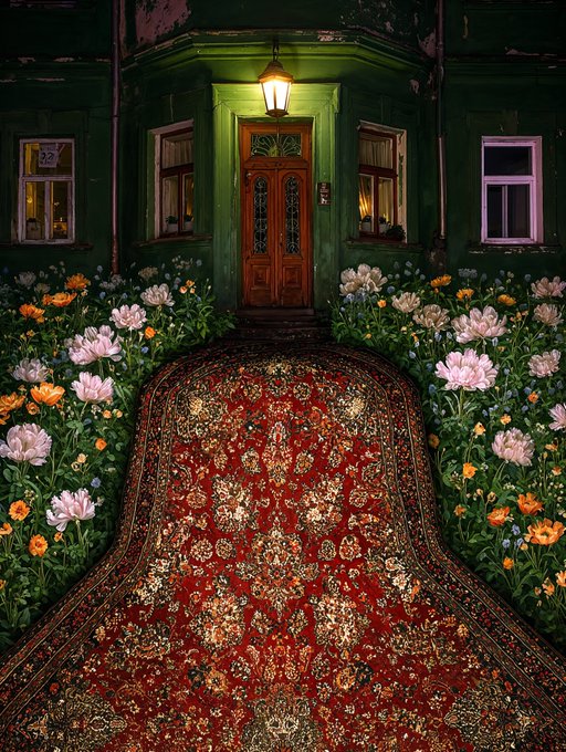 The image shows a richly patterned red carpet leading to an illuminated green doorway flanked by blooming peonies, evoking the post's message about stepping from a parent's home into life—the doorway symbolizing the threshold between family and the journey ahead, while the warm light within represents the love and welcome that remains.