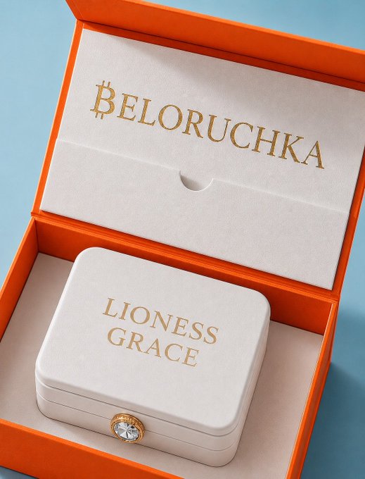 An open orange jewelry box with gold lettering 'BELORUCHKA' on the inside lid, containing a white jewelry box that reads 'LIONESS GRACE' and has a decorative crystal clasp.
