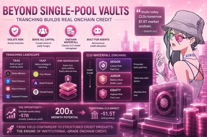 The infographic titled "BEYOND SINGLE-POOL VAULTS" illustrates how tranching transforms simple DeFi vaults into structured credit products, featuring sections on "Tranching Landscape" (TAAS, TAAP), "CLO Waterfall" (Senior, Junior, Equity tranches), and highlighting 200x growth potential from the ~$7B onchain vault market to the ~$1.5T traditional CLO market, with a quote from Grayscale comparing vaults to tomorrow's CLOs. This visually reinforces the post's argument that proper tranching mechanism creates institutional-grade structured credit rather than offering identical risk to all depositors.