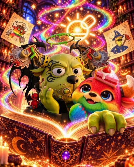 A vibrant fantasy illustration of a green dragon-like creature with chainsaws emerging from its head alongside a colorful rainbow-furred creature popping out of a glowing, magical book.