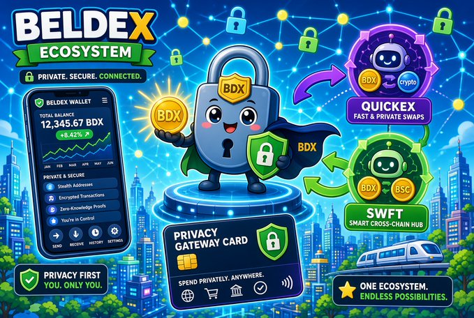 A promotional graphic for the 'BELDEX ECOSYSTEM' featuring a cartoon padlock character, advertising services like 'BELDEX WALLET', 'QUICKEX', and 'SWFT' with slogans 'PRIVATE. SECURE. CONNECTED.' and 'ONE ECOSYSTEM. ENDLESS POSSIBILITIES.'
