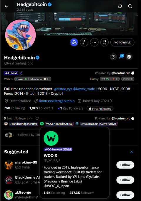 Twitter/X profile screenshot for 'Hedgebitcoin' (@RealTradingFoot) showing 1,002 followers, with a popup for 'WOO X' (@_WOO_X) noting 257.3K Followers.